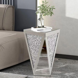 Mirrored End Table with Crystal Inlay – Silver Accent Side Table
