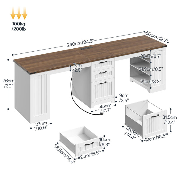 94.5" 2-Person Computer Desk with Power Outlet, Drawers & Adjustable Shelves