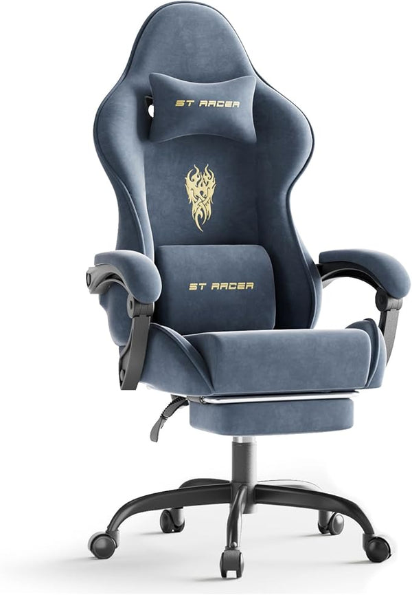 Velvet Gaming Chair with Footrest & Massage Lumbar