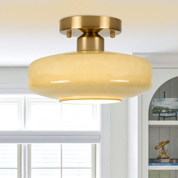 Semi Flush Mount Ceiling Light – Olive Green Milk Glass Shade