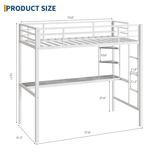 Twin Size Metal Loft Bed with Desk and Storage Shelves