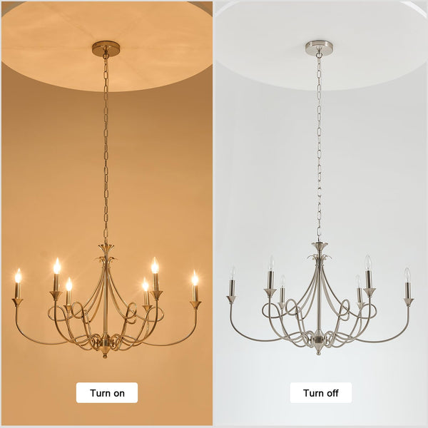 6-Light Modern Candle Chandelier – Brushed Nickel, Black & Brass