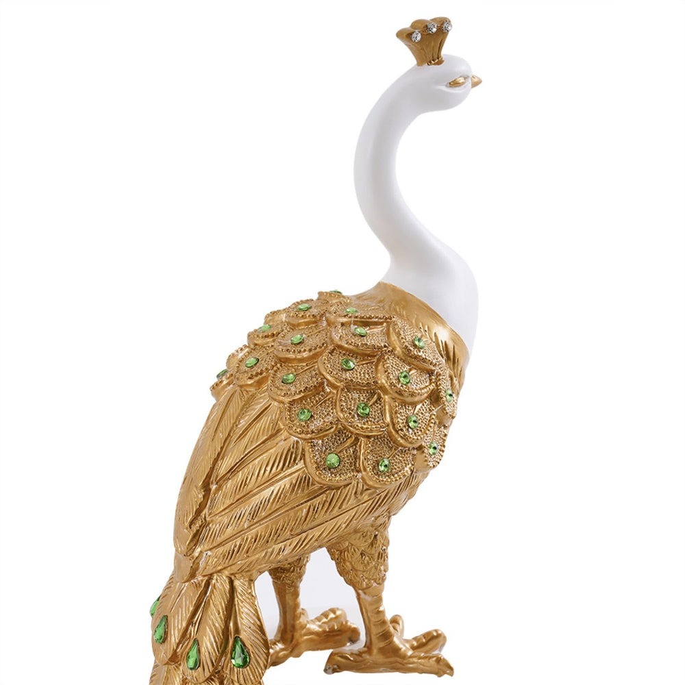Decorative Peacock Statue – Resin Art Deco Sculpture (White & Gold)