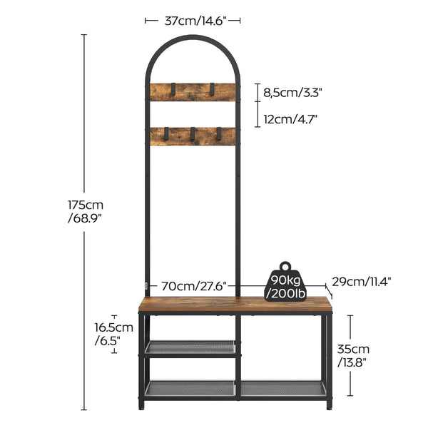 Hall Tree with Bench, Coat Rack & Shoe Storage – Rustic Brown