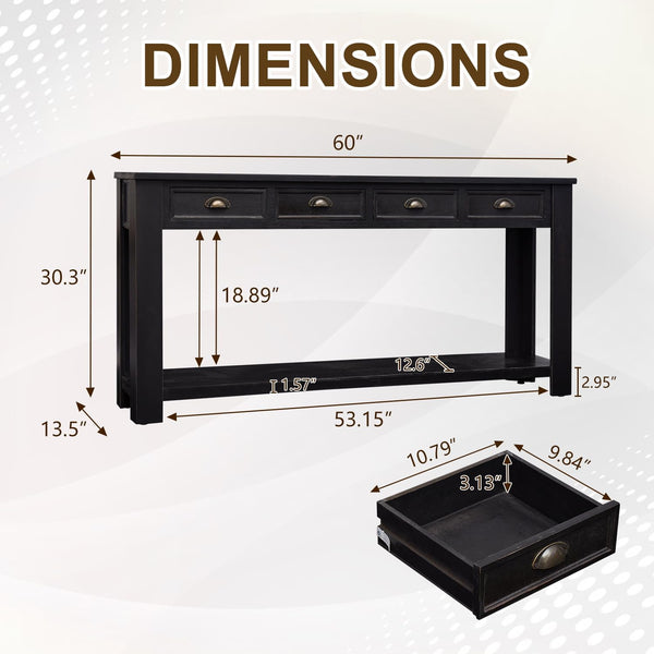 60" Console Table with 4 Drawers & Open Shelf