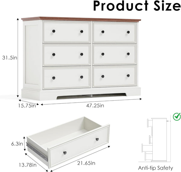 6-Drawer Dresser with Anti-Tip Kit – White Bedroom Chest