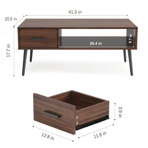 Mid Century Modern Coffee Table with Drawer & Open Storage Shelf