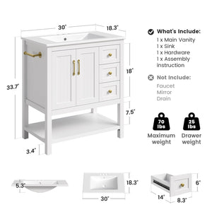 30-Inch Bathroom Vanity with Sink, Towel Holder & 3 Drawers – White