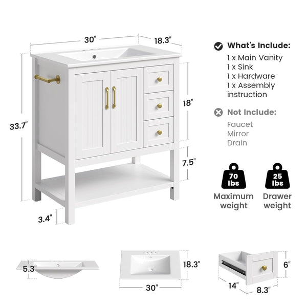30-Inch Bathroom Vanity with Sink, Towel Holder & 3 Drawers – White