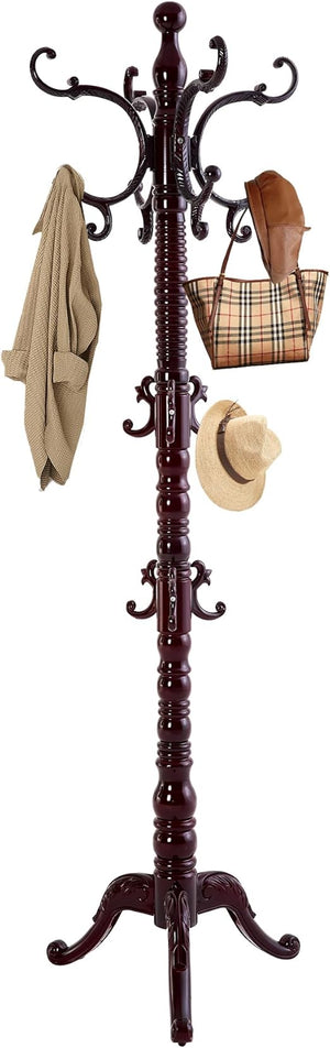 Freestanding Wooden Coat Rack with 14 Hooks