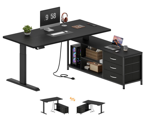 L-Shaped Electric Standing Desk with Drawers & Shelves