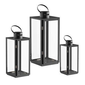Black Glass & Stainless Steel Candle Lantern Set of 3