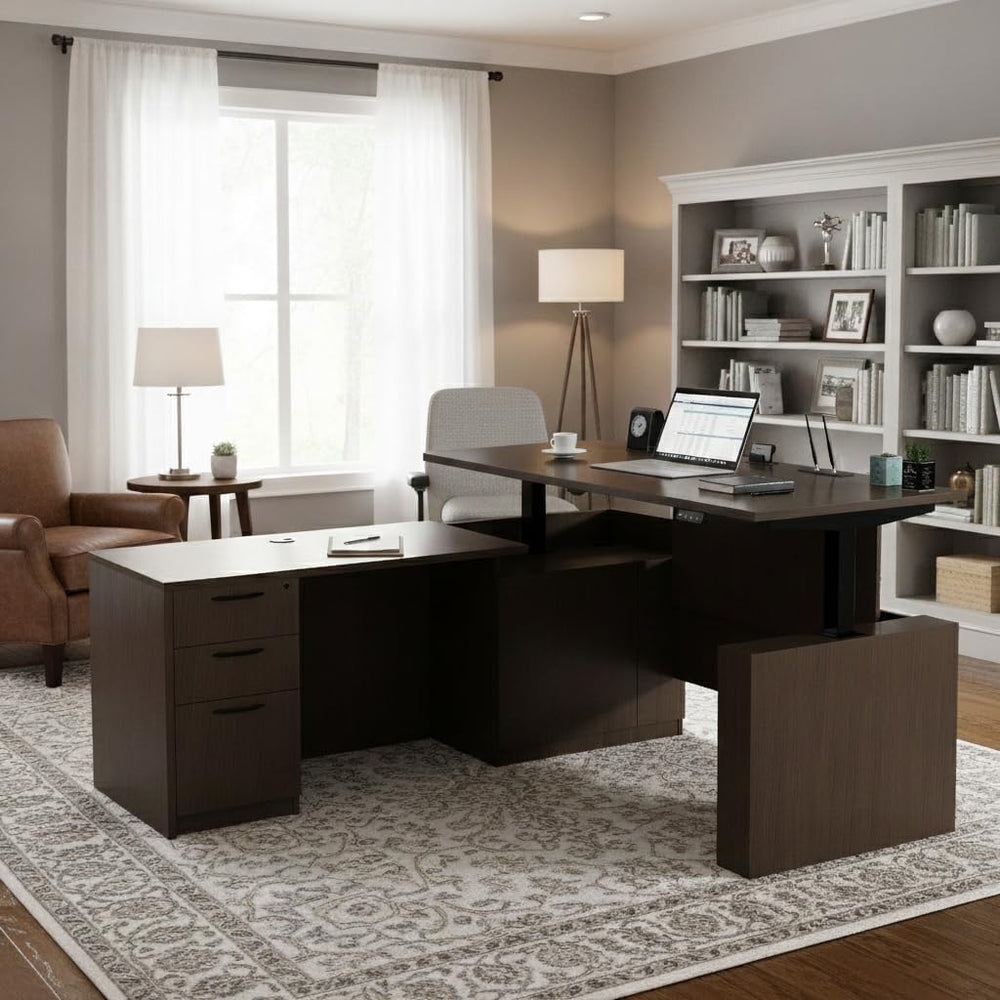 L-Shaped Height Adjustable Executive Standing Desk with Lockable Cabinets