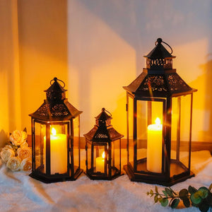 Set of 3 Hexagonal Vintage Metal Candle Lanterns with Tempered Glass