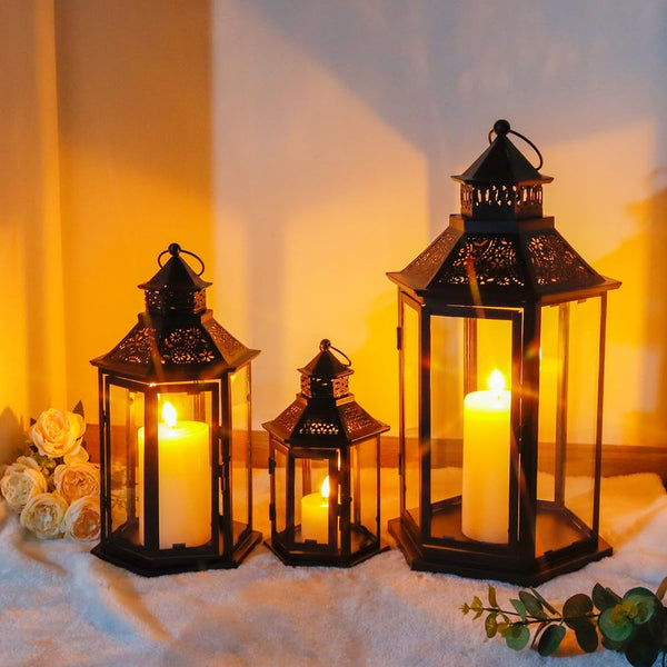 Set of 3 Hexagonal Vintage Metal Candle Lanterns with Tempered Glass