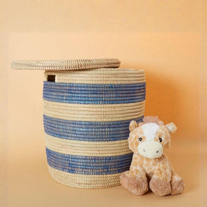 Navy Stripe Wicker Storage Basket with Lid and Handles