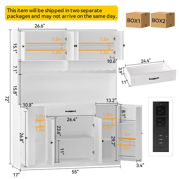 Tall Pantry Storage Cabinet with LED Light & Charging Station