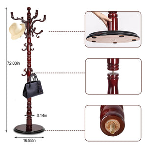 Freestanding Wooden Coat Rack with 14 Hooks