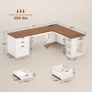 L-Shaped Desk with 3 Drawers, Storage Shelves & Power Outlets