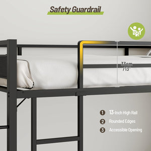 Twin Over Twin Metal Bunk Bed with Clothes Rail & Guardrail
