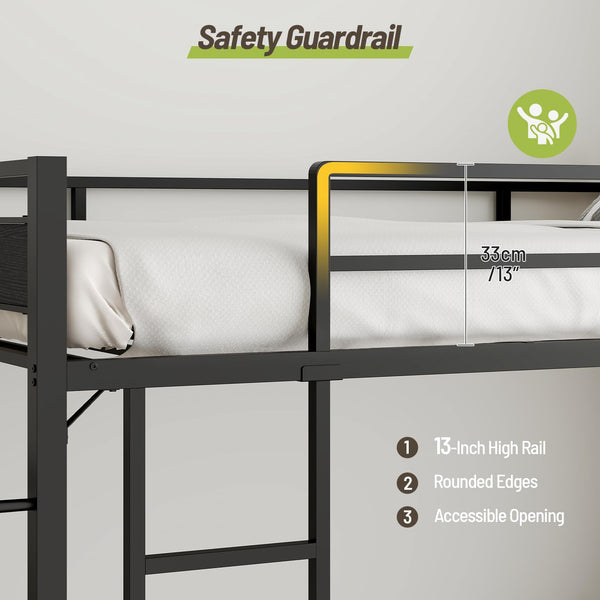 Twin Over Twin Metal Bunk Bed with Clothes Rail & Guardrail