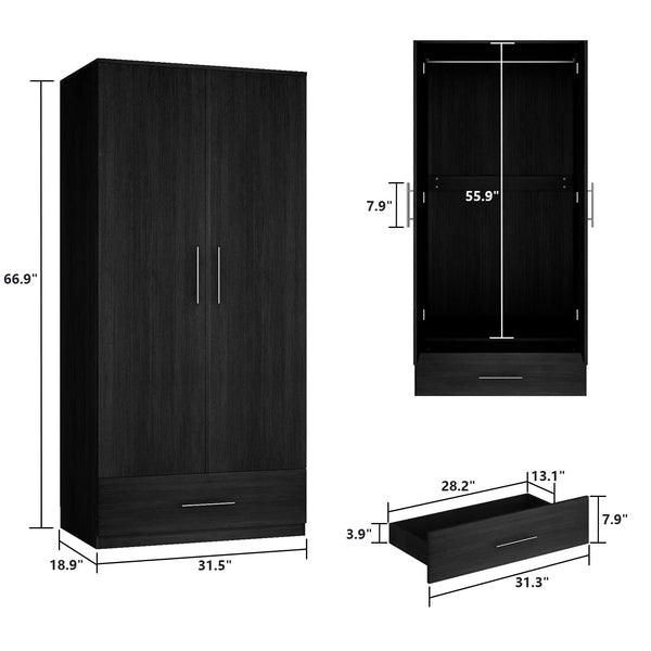 2-Door Wardrobe Armoire with Drawer & Hanging Rod
