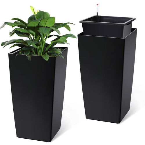 Tall Self-Watering Outdoor Planters Set of 2 with Drainage & Water Level Monitor