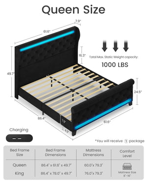 Upholstered Velvet Platform Bed Frame with LED Lights & Charging Ports