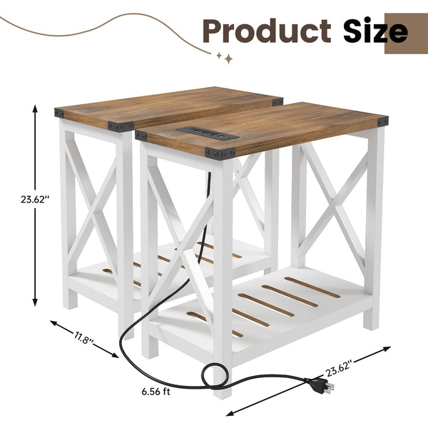 Farmhouse End Tables Set of 2 with Charging Station & Storage Shelf