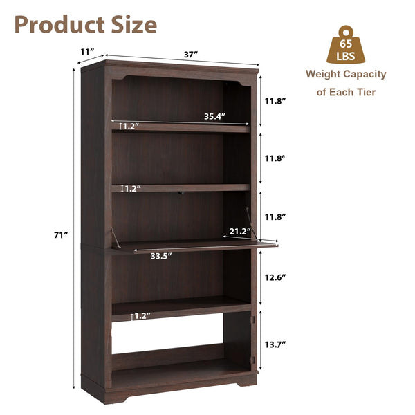 71-Inch 5-Tier Bookcase with Flip-Down Door, 37" Wide Freestanding Wood Bookshelf