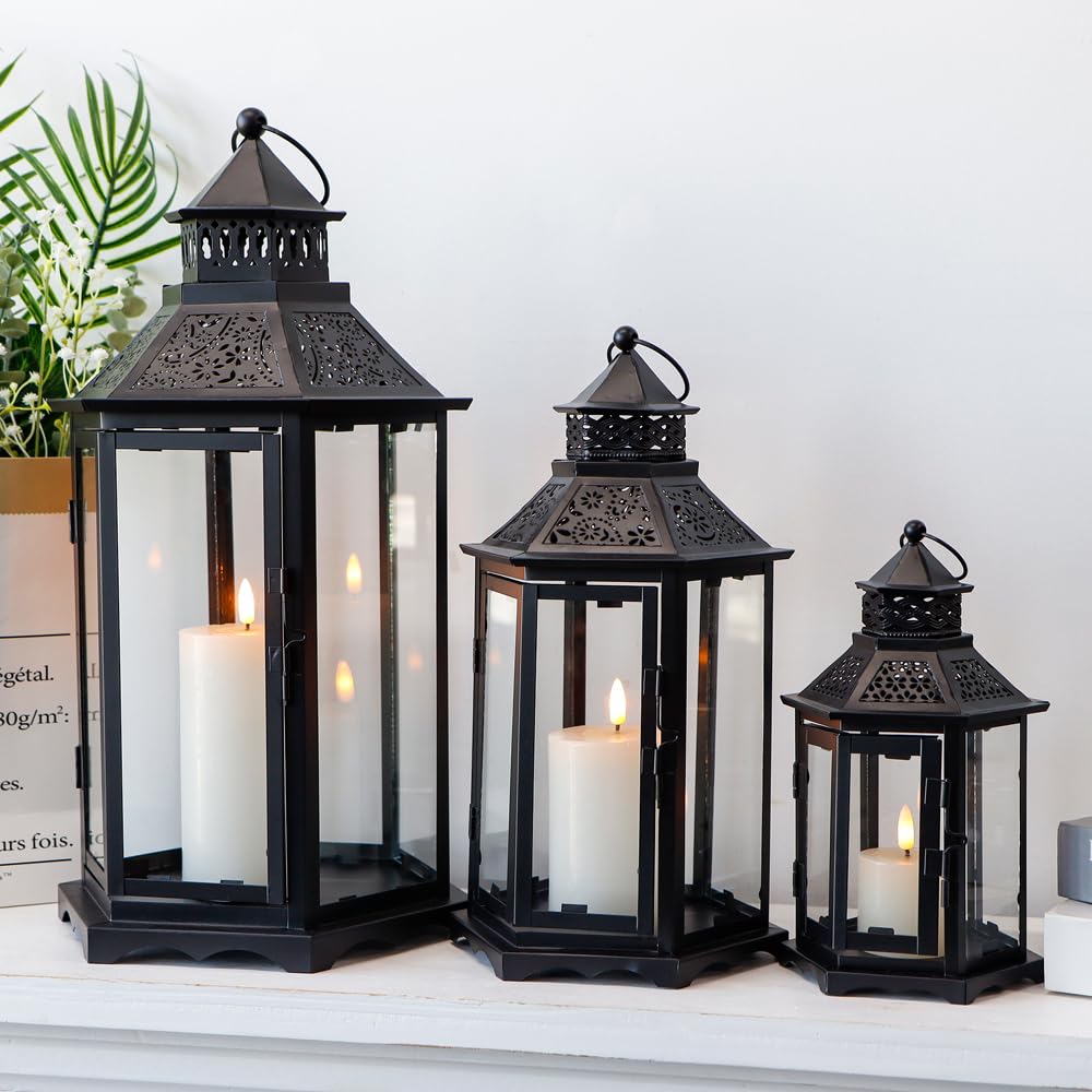 Set of 3 Hexagonal Vintage Metal Candle Lanterns with Tempered Glass