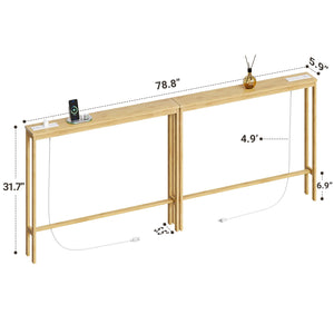 Narrow Bamboo Console Sofa Table with Power Outlets