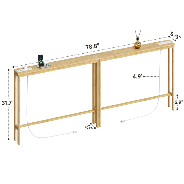 Narrow Bamboo Console Sofa Table with Power Outlets