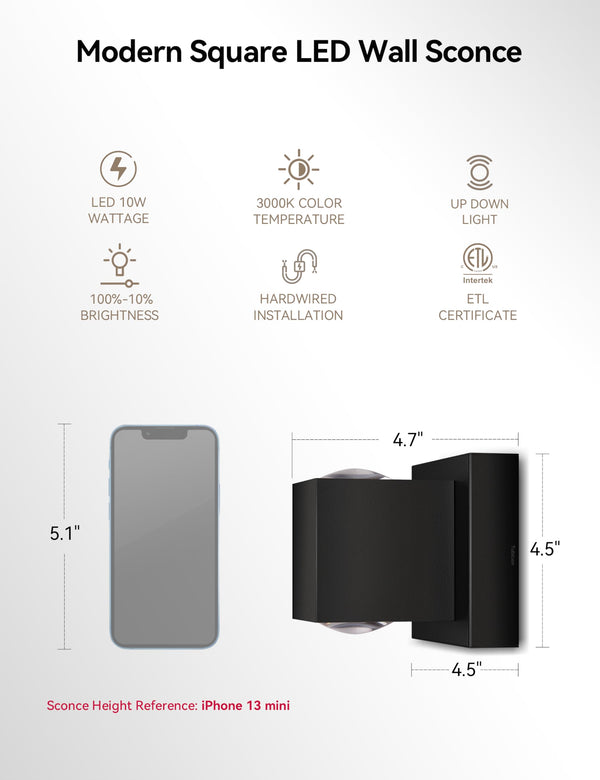 Square LED Wall Sconce – Dimmable Indoor Hardwired Up Down Light