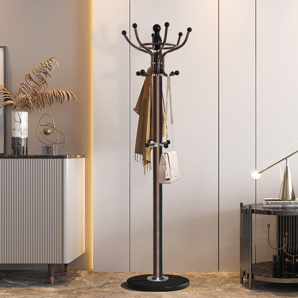 Freestanding Coat Rack with Marble Base & Multi-Hook Hall Tree