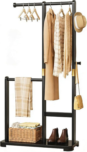 Double Rod Freestanding Coat Rack – Solid Wood, Bedroom & Entryway