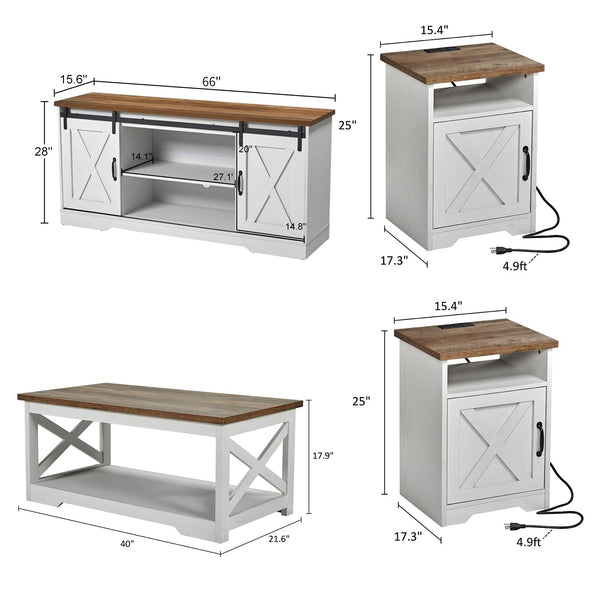 4-Piece Farmhouse Living Room Table Set with TV Stand, Coffee Table & End Tables