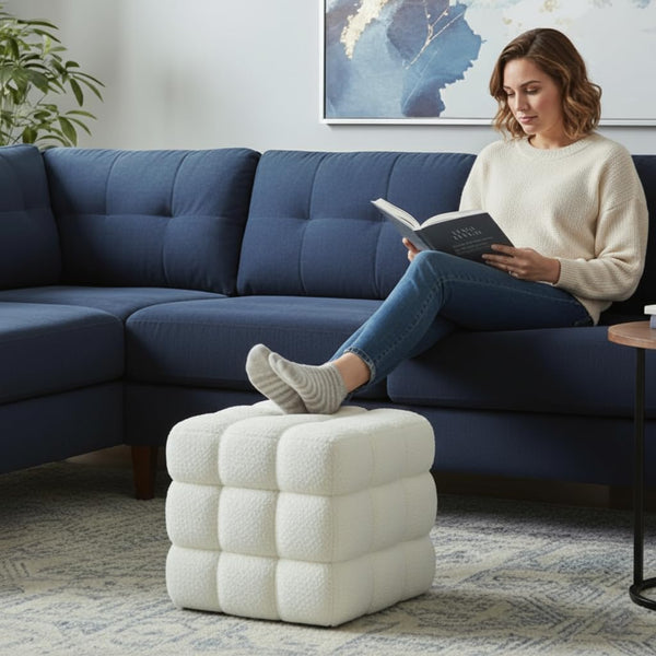 Fuzzy Sherpa Ottoman Pouf with Wooden Frame | Square & Round Styles