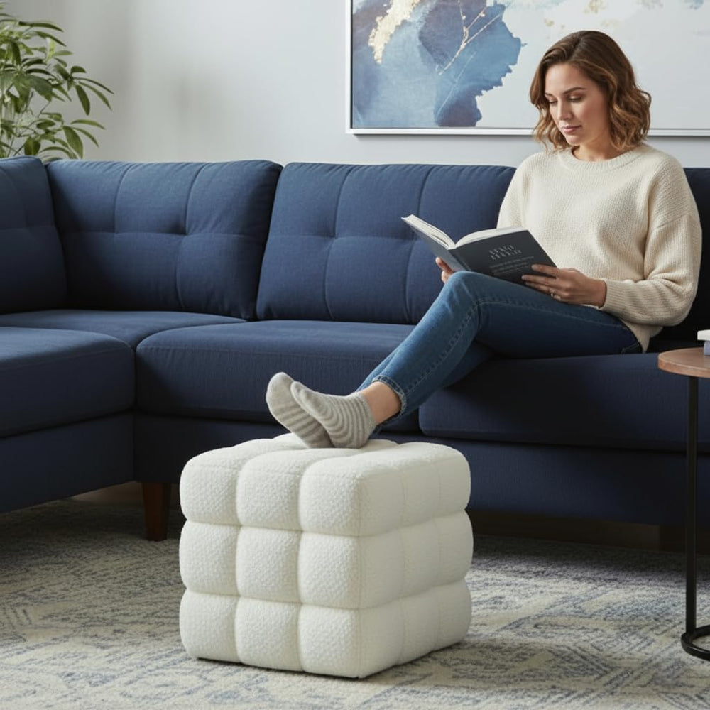 Fuzzy Sherpa Ottoman Pouf with Wooden Frame | Square & Round Styles