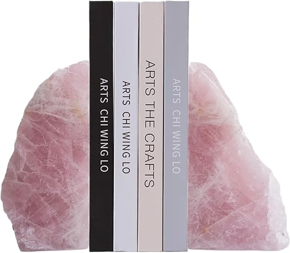 Natural Rose Quartz Bookends with Anti-Slip Rubber Feet – Raw & Polished Crystal Pair