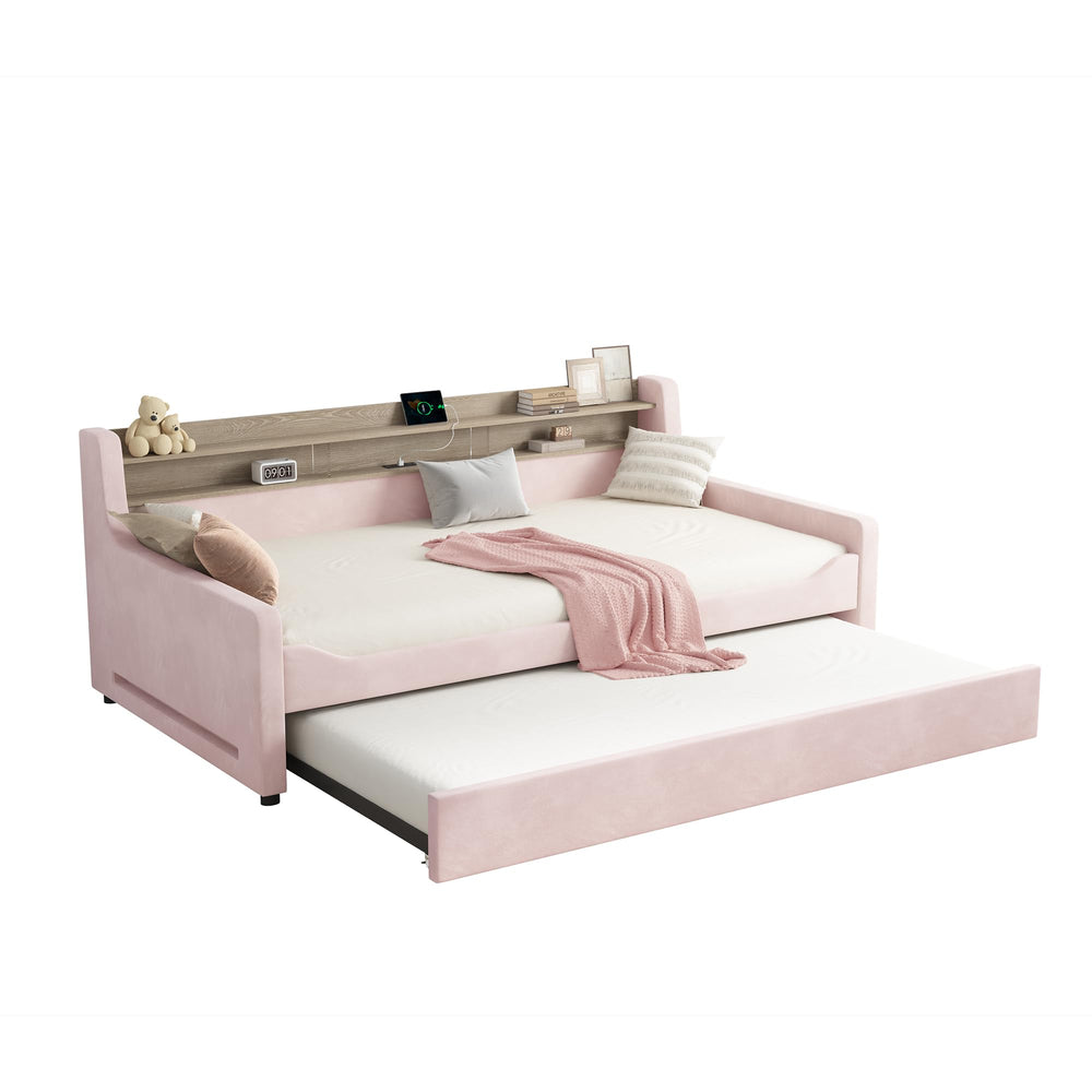 Twin Upholstered Daybed with Trundle, LED Light & Storage Headboard