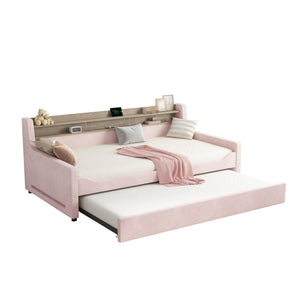 Twin Upholstered Daybed with Trundle, LED Light & Storage Headboard