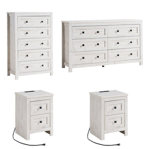 4-Piece Farmhouse Bedroom Dresser Set with Nightstands – Rustic White
