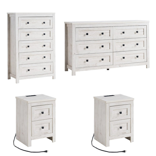 4-Piece Farmhouse Bedroom Dresser Set with Nightstands – Rustic White