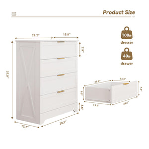 4-Drawer Dresser with Golden Handles – White, Wash Grey, Light Oak