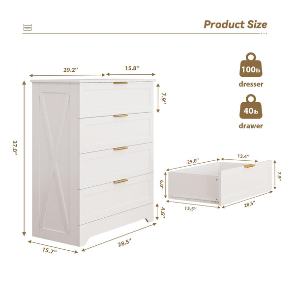 4-Drawer Dresser with Golden Handles – White, Wash Grey, Light Oak