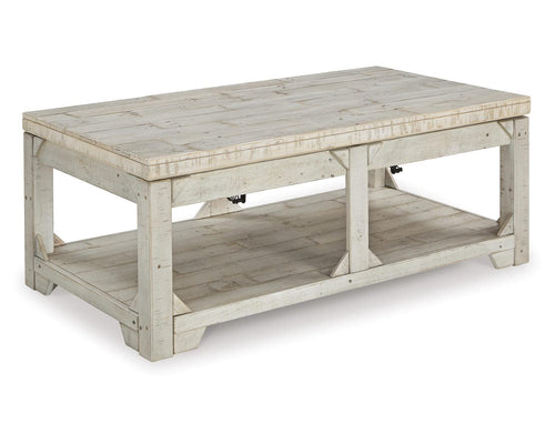 Farmhouse Lift Top Coffee Table with Floor Shelf – Whitewash