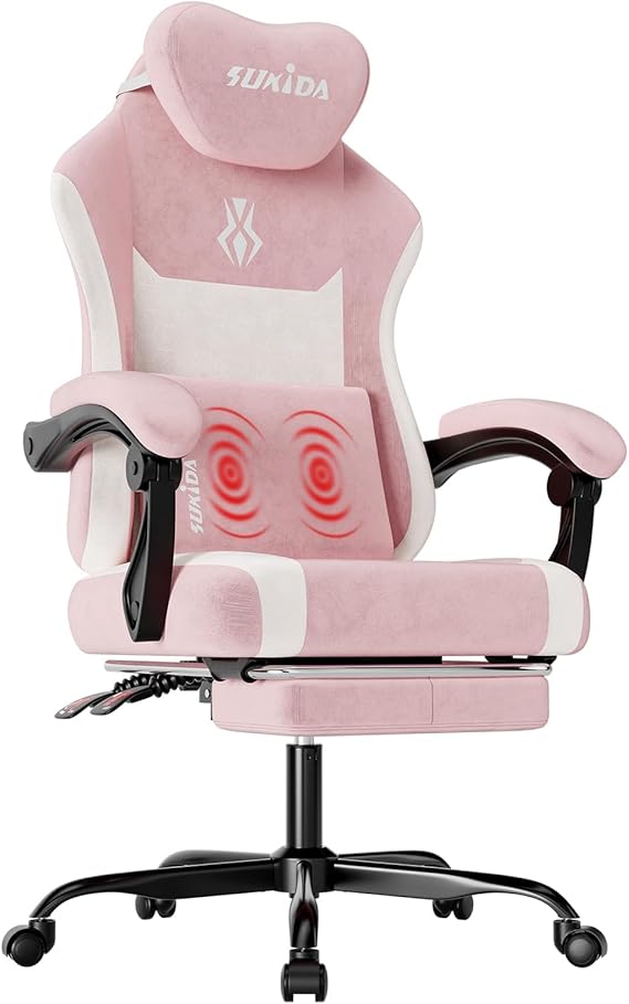 SUKIDA Fabric Video Gaming Chair, Ergonomic High-Back Computer Game Chairs with Large Massage Adjustable Lumbar Support, Headrest and Linked Armrests for Long Hours Sitting Task Chair, Black