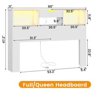 Queen Size Bookcase Headboard with Storage, LED Lights & Charging Station
