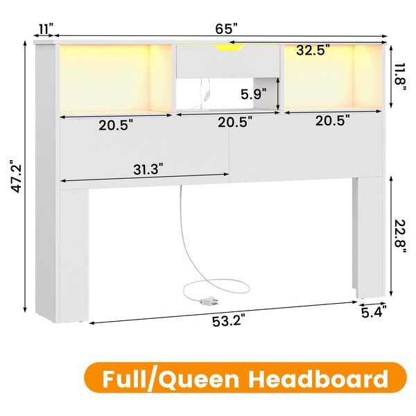 Queen Size Bookcase Headboard with Storage, LED Lights & Charging Station